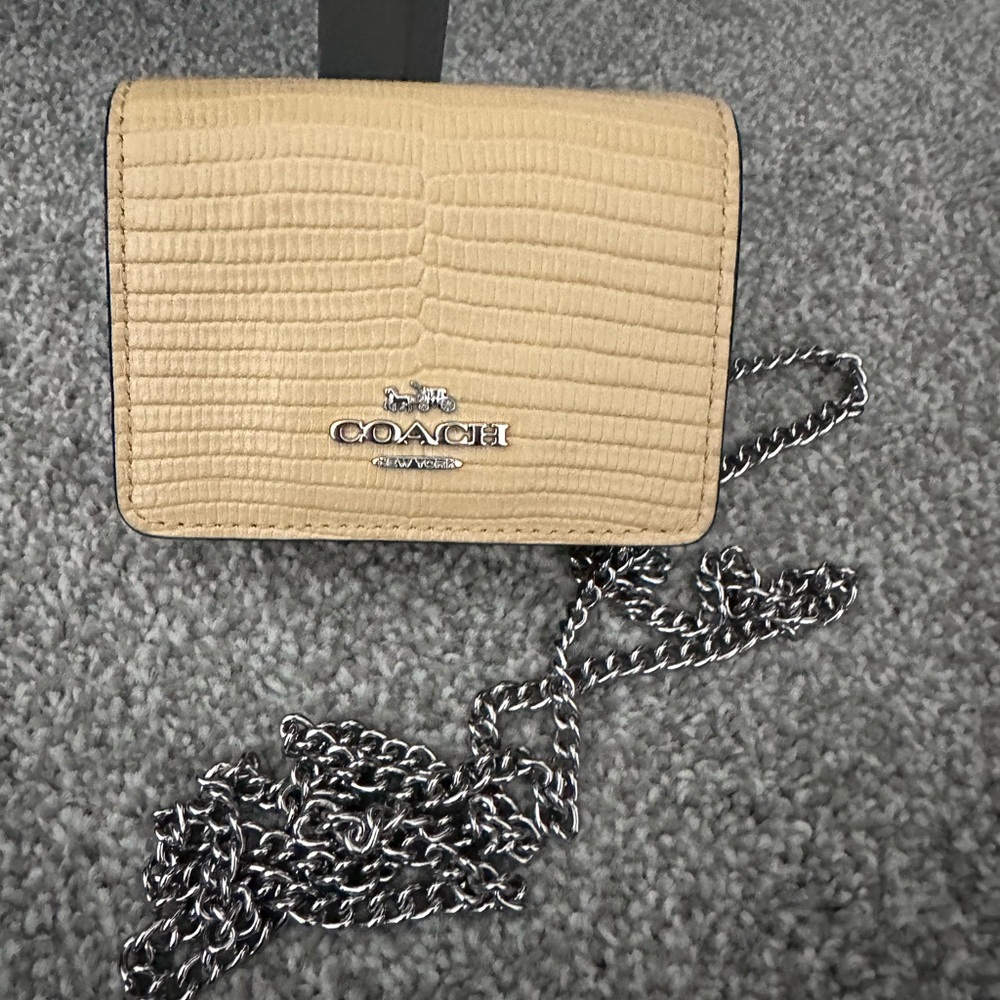Coach mini Wallet in Hay novelty leather on a  silver chain with silver hardware